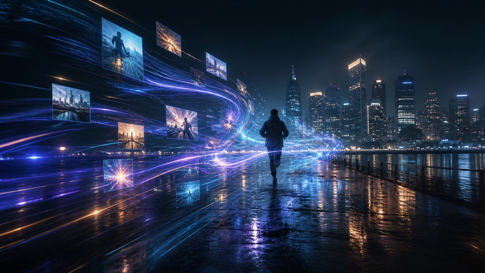 A lone figure moving through a rainy futuristic city as blue and violet light trails transform floating image frames into motion